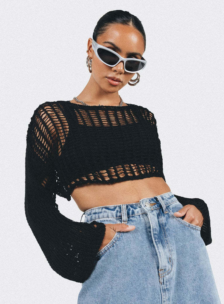Women Clothing Summer Crew Neck Long Sleeve Sun Protective Blouse Hollow Out Cutout out Short Sexy Cropped Knitted Sweater Women Bella Mia